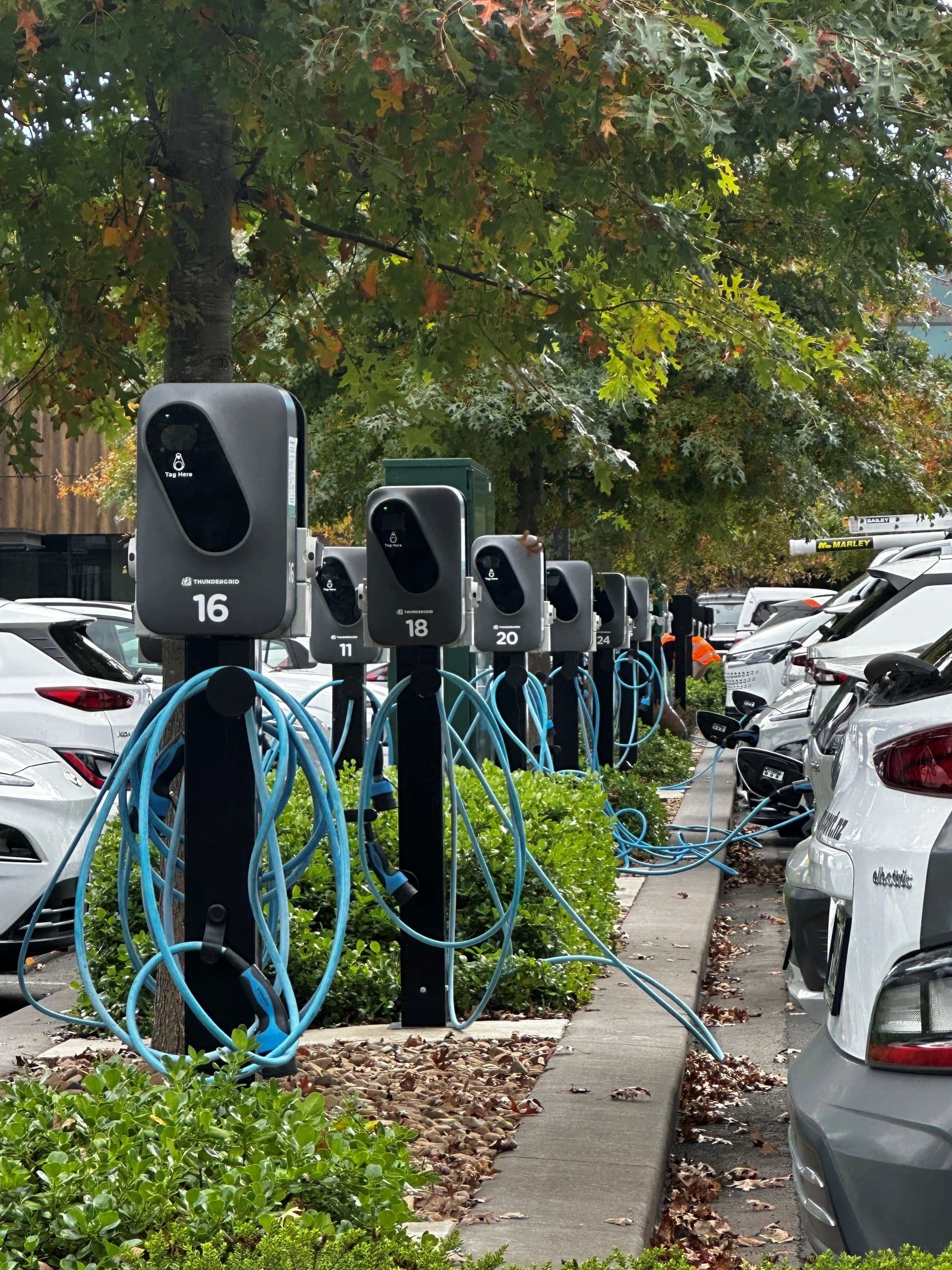 Row of Etrel Inch Pro charging stations installed by Tronic Electrical